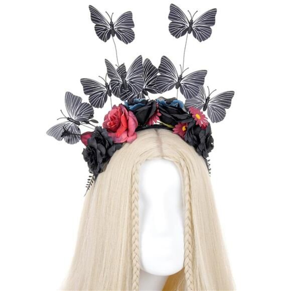 Black Butterfly Flower Headband | Gothic Monarch Butterfly Fascinator for Women - Picture 5 of 5